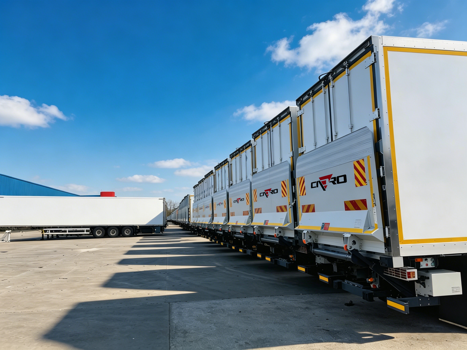 Fleet of Cadro hydraulic tail lift-equipped commercial vehicles lined up at a logistics distribution center
