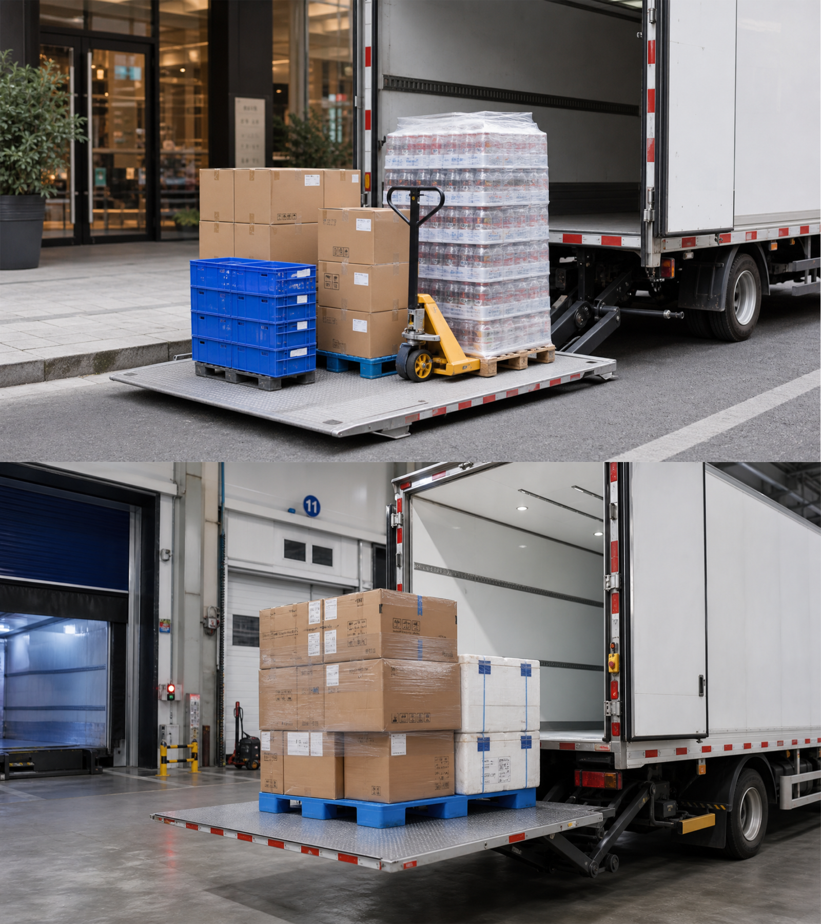 Commercial vehicle liftgate platform size comparison — standard pallet vs oversized cargo on truck tail lift