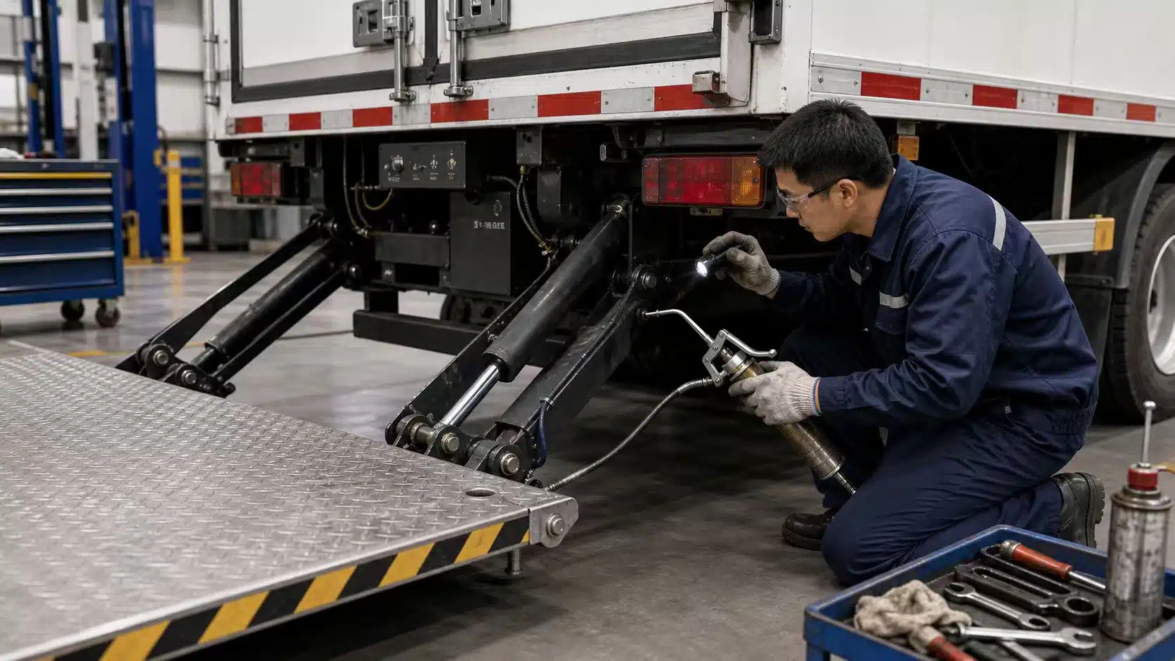 Hydraulic tail lift maintenance inspection — checking cylinder seals and grease points on truck liftgate