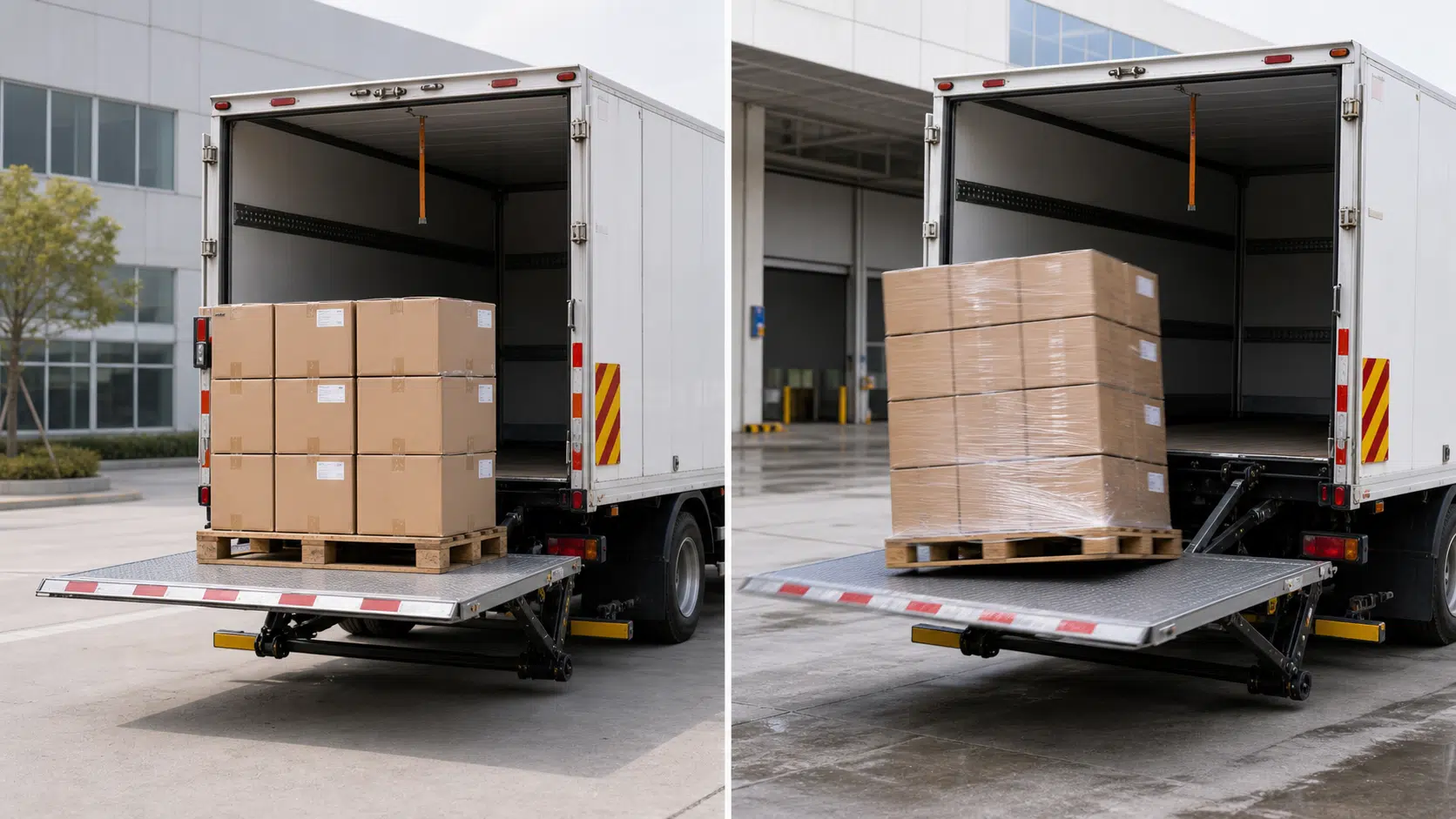 Hydraulic tail lift platform stability comparison — smooth guided motion vs jerky unstable lifting on truck liftgate