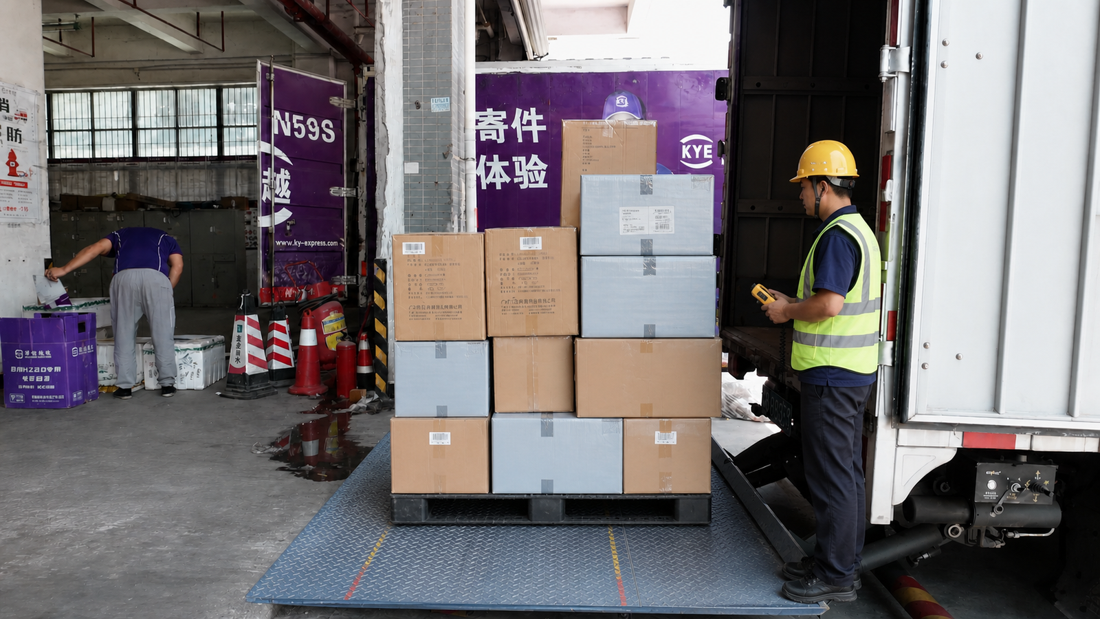 Operator using remote control to operate a folding hydraulic tail lift for safe vehicle loading