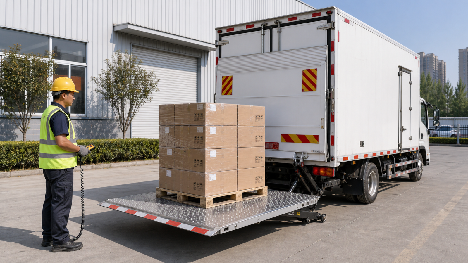 Operator using remote control to operate hydraulic tail lift from safe distance with clear view of platform and cargo