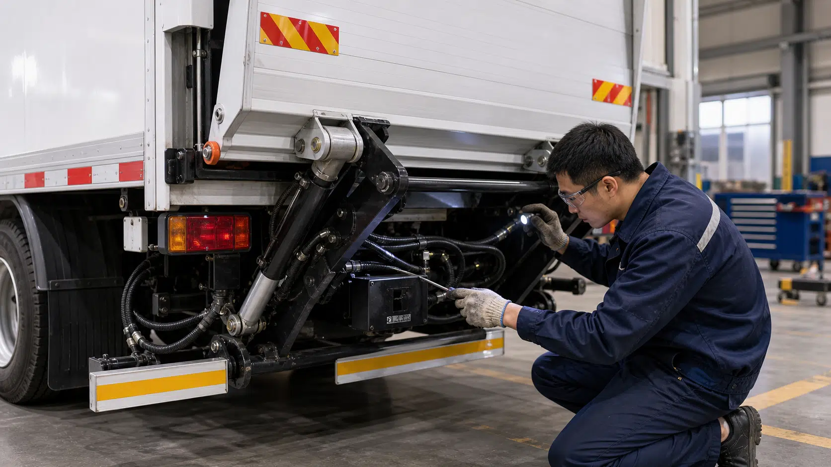 Technician inspecting hydraulic lines and pivot points on folding hydraulic tail lift during routine maintenance check