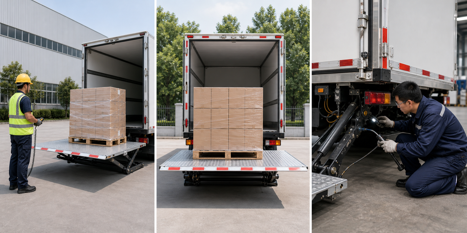 Three key factors for tail lift selection — operator visibility, platform stability, and maintenance access illustrated