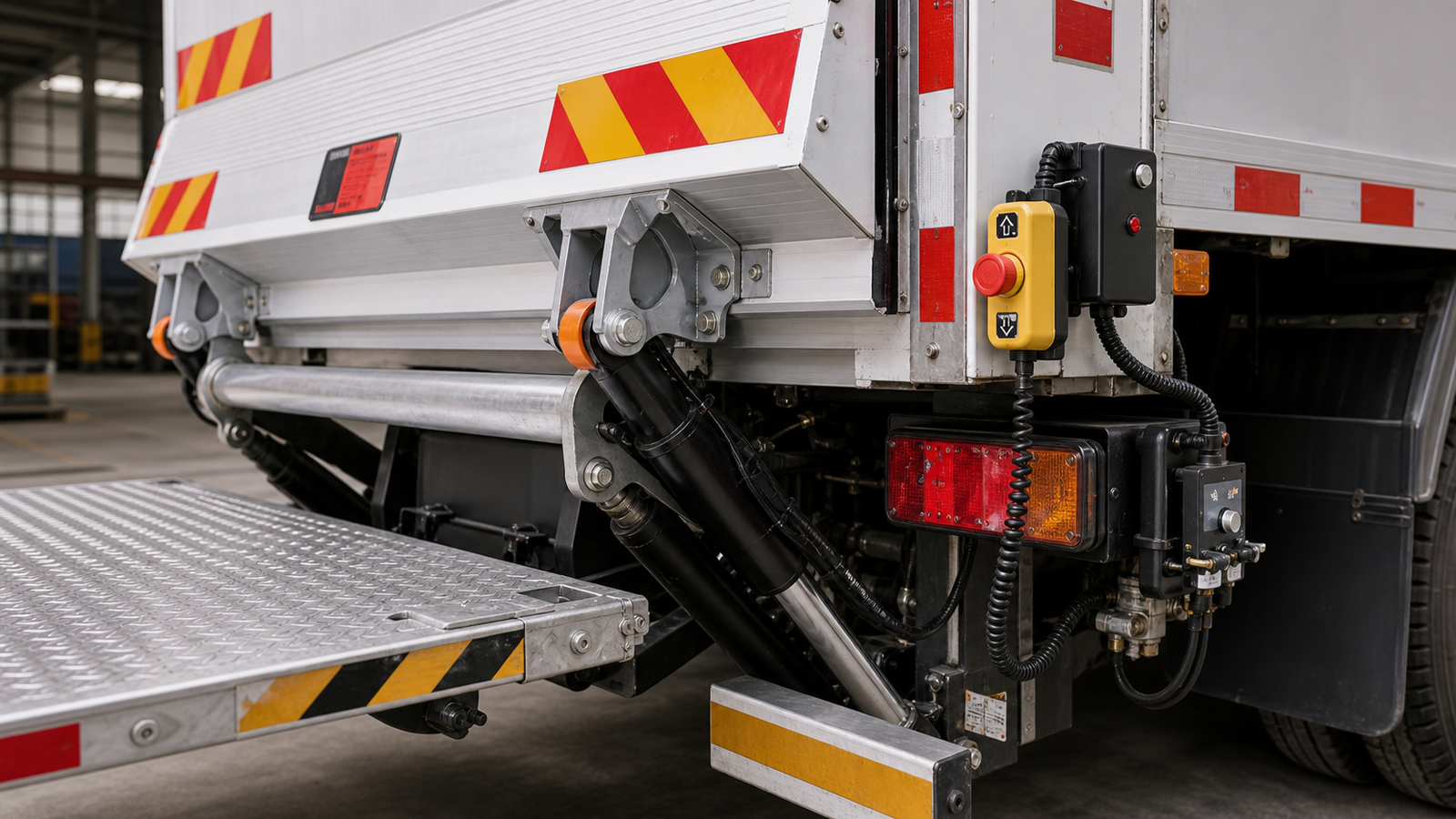 Truck liftgate emergency stop button and overload protection safety features on commercial vehicle tail lift