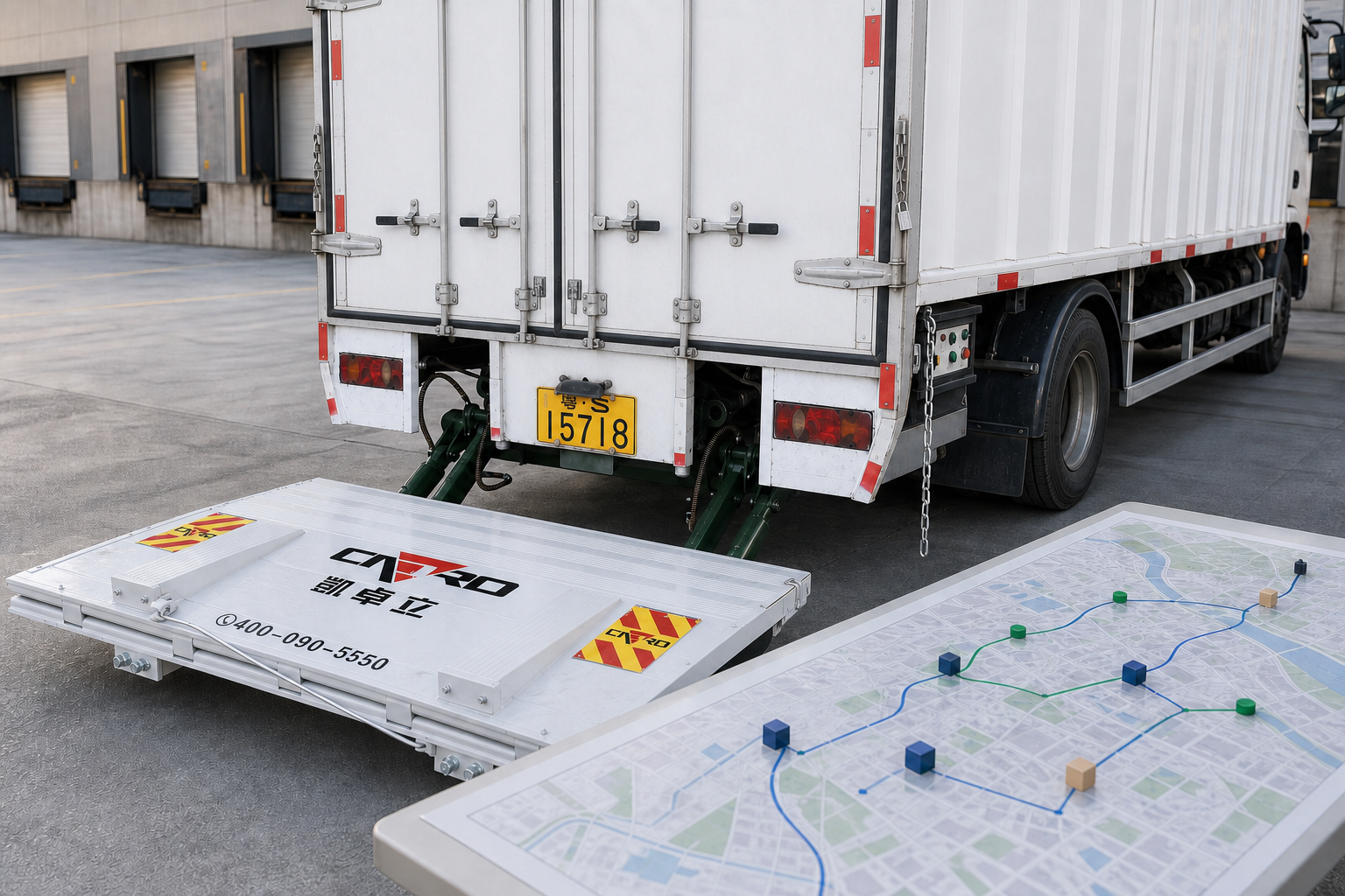 Cold-chain delivery route map beside a refrigerated truck showing street delivery stops and loading dock stops