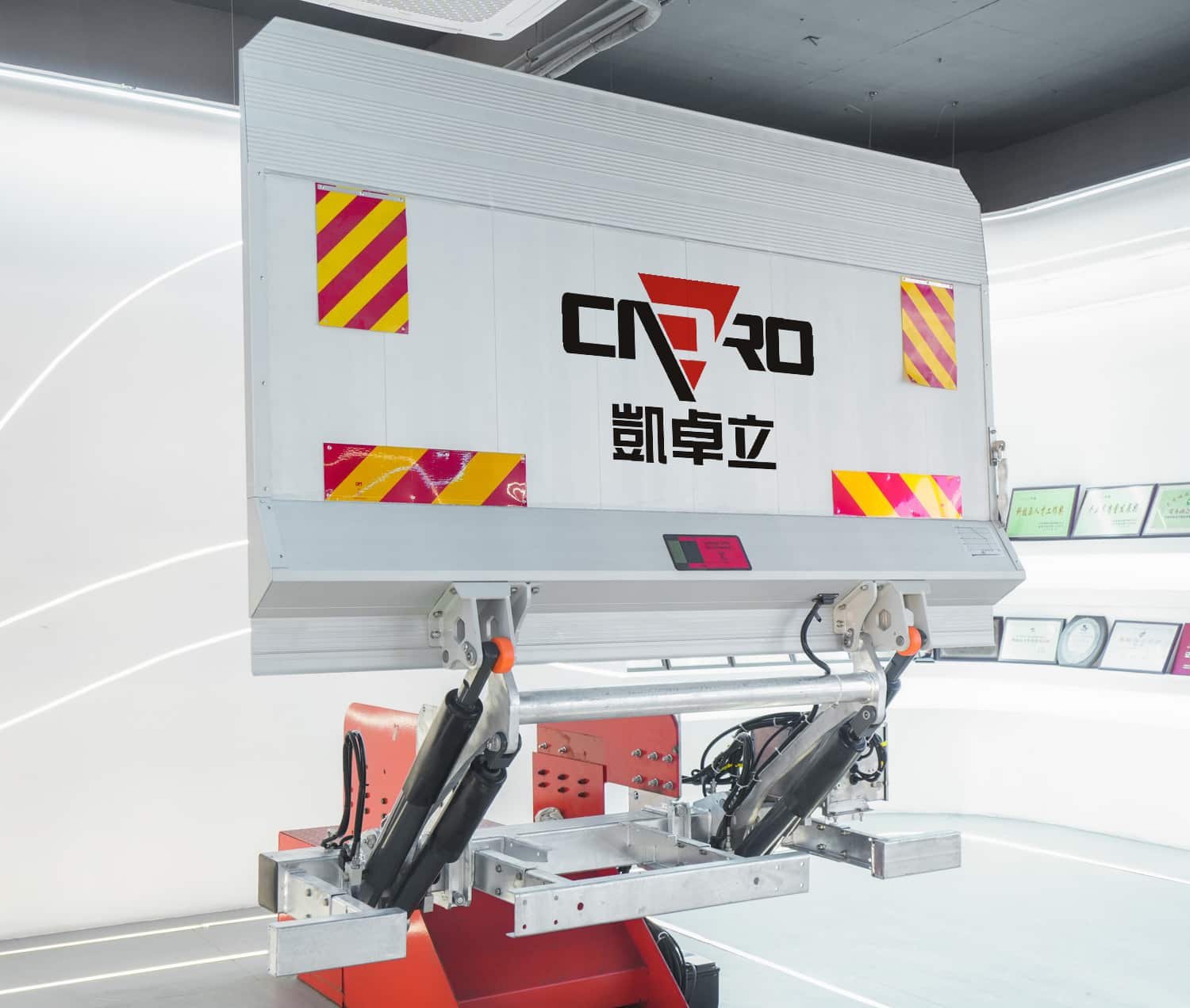 Cadro hydraulic tail lift installed on vehicle body with safety warning panels and reinforced mounting structure