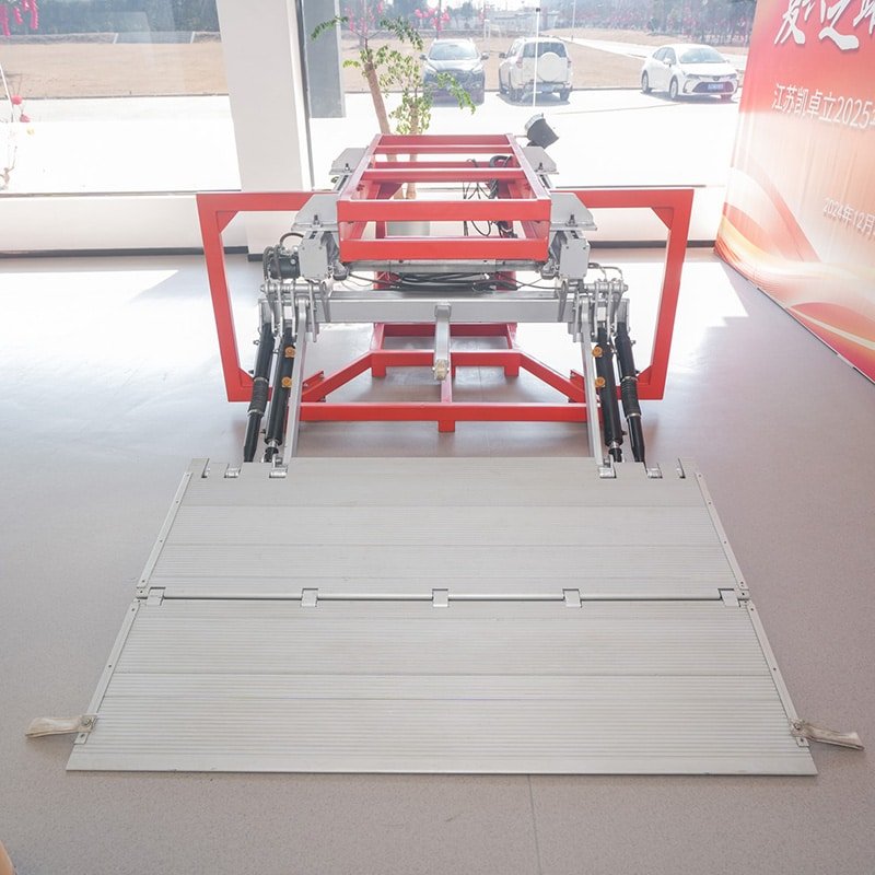 Cadro hydraulic tail lift platform fully opened for load testing before fleet operation