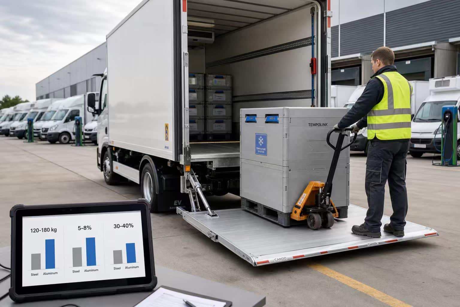 Fleet performance data dashboard showing payload recovery of 120–180 kg per vehicle and 5–8% daily energy savings after switching to Cadro lightweight aluminum hydraulic tail lifts — bar charts comparing steel vs aluminum tail lift metrics across fleet of 50 electric delivery vans