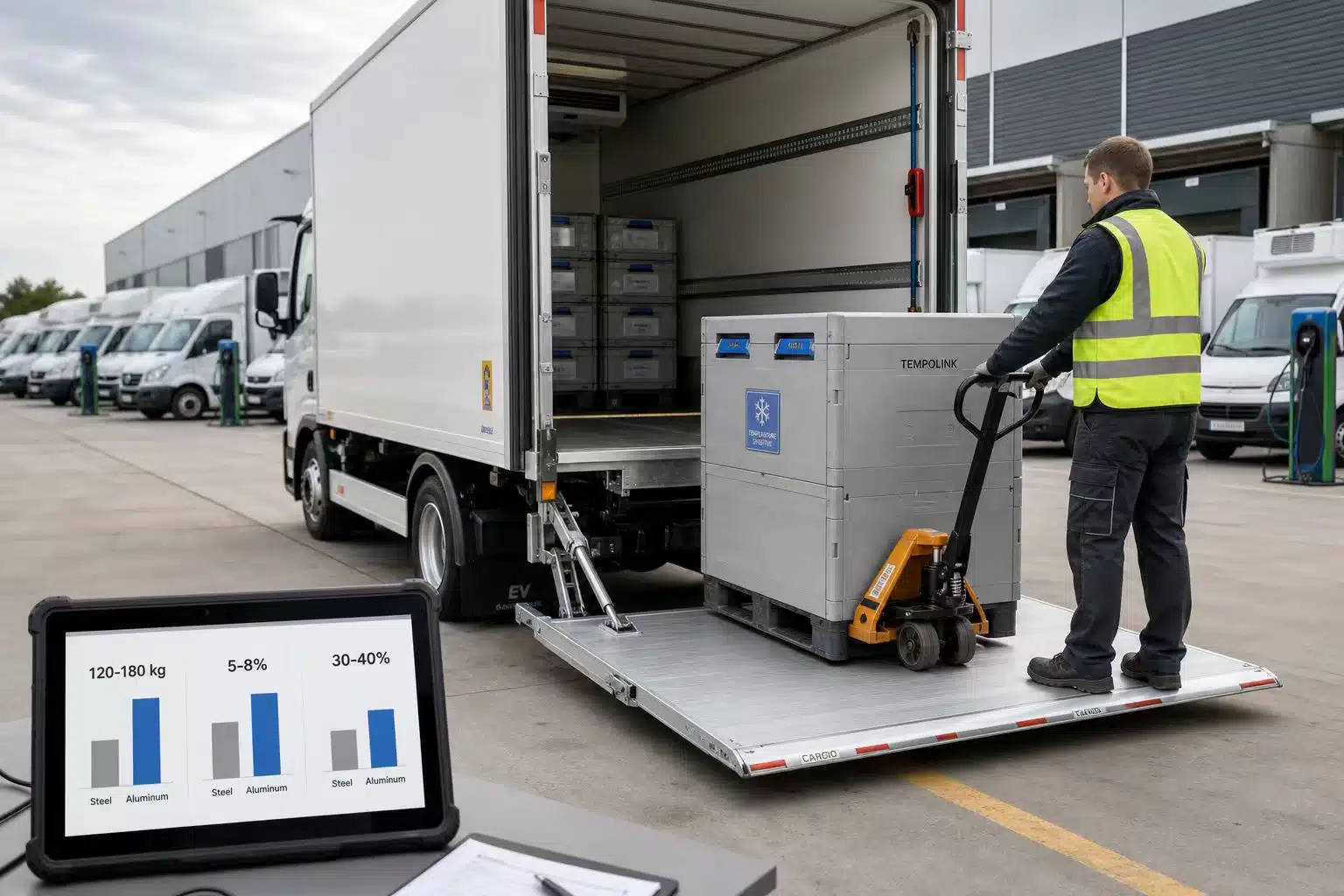 Fleet performance data dashboard showing payload recovery and energy savings after switching to Cadro lightweight aluminum hydraulic tail lifts