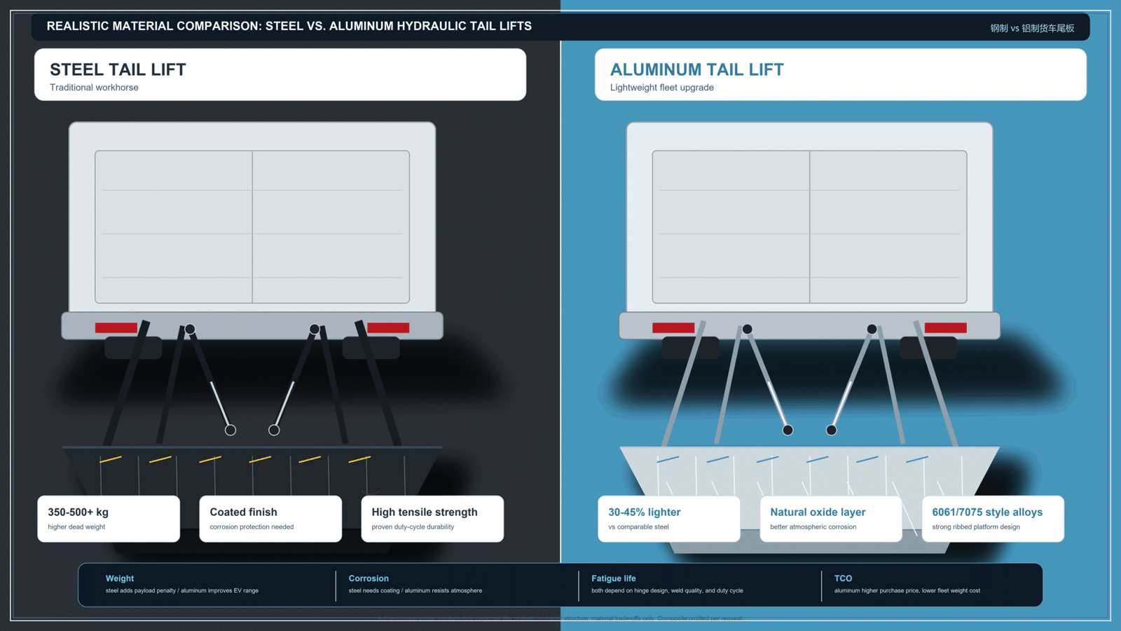 Side-by-side comparison infographic of steel vs aluminum vs composite tail lift materials — visual breakdown of weight per unit, corrosion resistance rating, fatigue life cycles, and total cost of ownership over 10-year fleet lifecycle